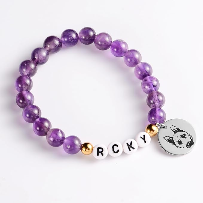 Custom Pet Portrait Bracelet Dog Cat Loss Memorial Keepsake Gift, Photo Engraved with Name Stretch Natural Stone Bracelets Funeral Jewelry,Initial Peanuts in Memory Remembrance Cat Dog