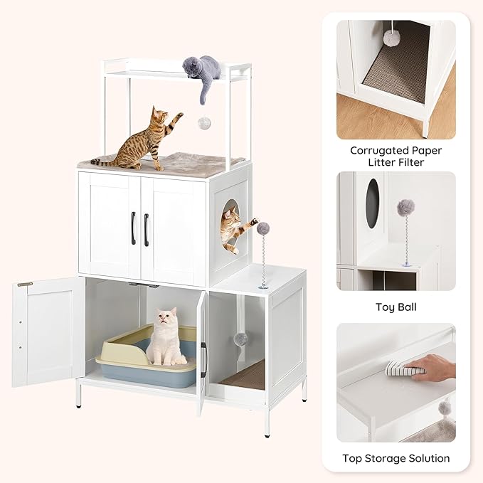 HOOBRO Litter Box Enclosure, Litter Box Furniture with Storage, 2-in-1 Hidden Cat Furniture with Shelf, 2 Dangling Plush Balls and 1 Toy Ball, Large Wooden Cat Washroom, White WT78MW01