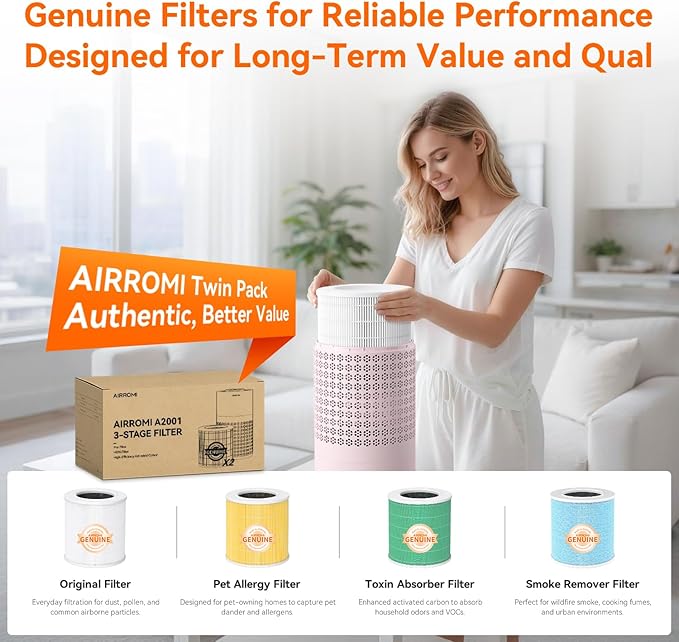 AIRROMI Air Purifier for Bedroom with HEPA 3-in-1 Filter, Pet Air Purifier for Home Cat Pee Smell, Covers Upto 990 Ft², Quiet 360° intake Air Cleaner for pet hair,allergies,Dust,Smoke A2001 Pink