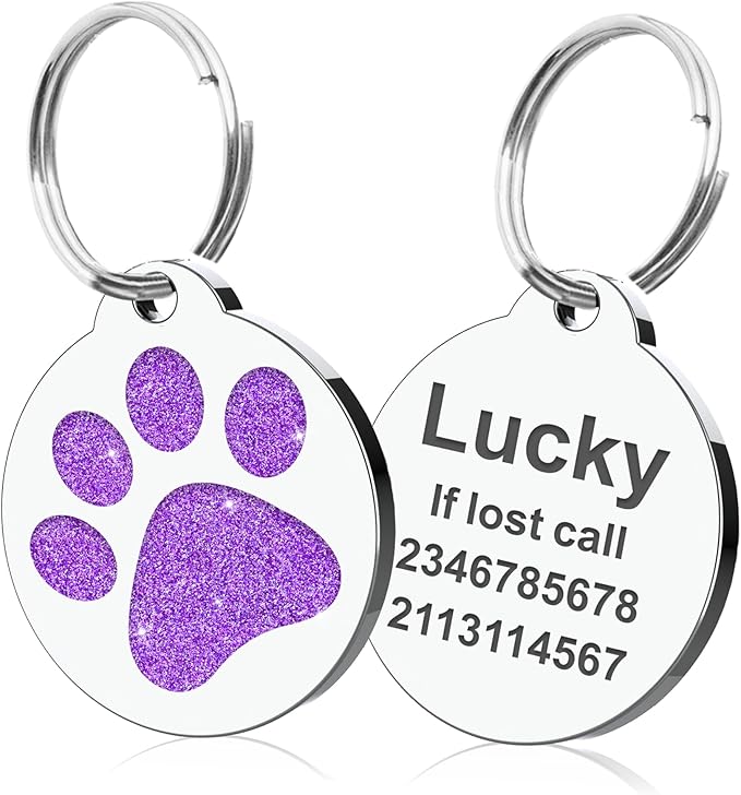 Dog Tags Personalized for Pets Dog Name Tags Personalized Dog Tag Engraved with Any Name & Text Custom Dog ID Tags Glitter Bone ID Tag for Puppy Cat (Purple-Round, S)