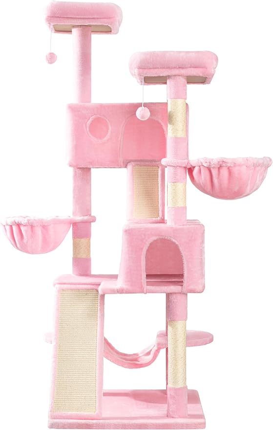 WEEWAY Cat Tree Tower for Indoor Cats,65'' Multi-Level Cat Furniture Activity Center,Stand House Condo Cave,Sisal Scratching Posts Ramps,Plush Perches Platforms Basket Hammock, Pink