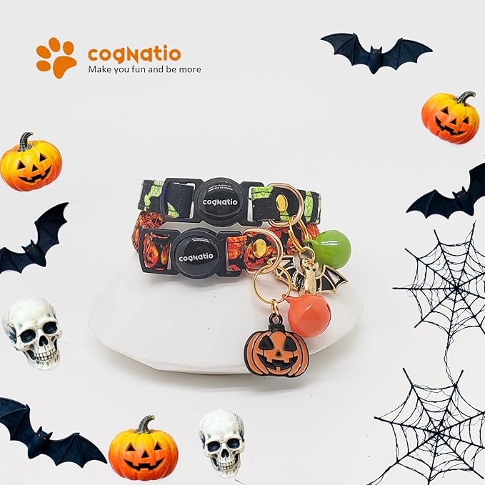 2 Pack Cotton Breakaway cat Collars with Bell,Safety Quick Release Pendant Cute Kitten Collar,Adjustable 20-30cm (Halloween1, 20-30cm)