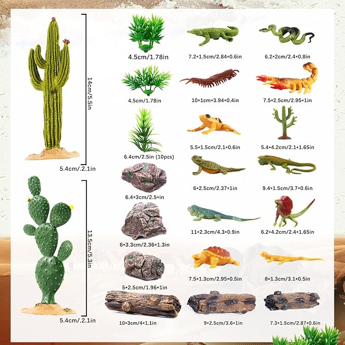 32Pcs Desert Reptiles Animals Figures Toys School Projects Diorama Kit Lizard Snake Cactus Plants Rock Playset for Kids Toddlers Cake Toppers Birthday Party Favor Decorations