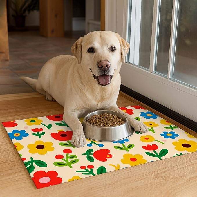 Pet Feeding Mat 24x16 inch Colorful Flower Print Pet Bowl Placemat Non Slip Floor Mat for Food and Water Indoor Pet Feeding Station Cute Meal Pad for Small Cats and Dogs Kitchen Use