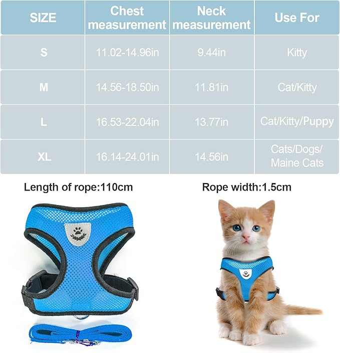 shudyear Summer cat Chest Harness and Leash, Anti-Escape Adjustable Soft mesh cat Leash and Chest Harness Set for All Types of Cats cat Vests (Size L, Sky Blue)
