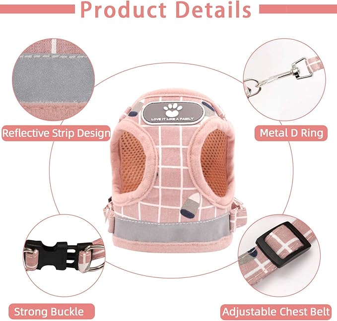 Cat & Dog Vest Harness - All Weather Mesh, Reflective Strap, Step-in Adjustable for Small Cats & Dogs (Pink-Pattern)