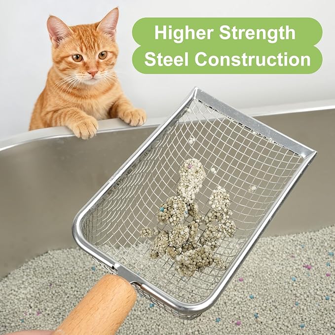 XBX Cat Litter Scoop with Holder – Metal Mesh Litter Scooper, Wooden Handle Fine Litter Scoop with Small Holes for Litter Box, Efficient Sifting and Easy Cleaning