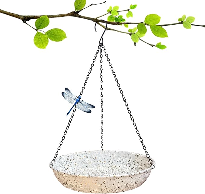 Hanging Metal White Birdbath with Gold spot 11 inches Wildbird Bird Feeder for Outdoor with Black Chains for Garden Yard Decor