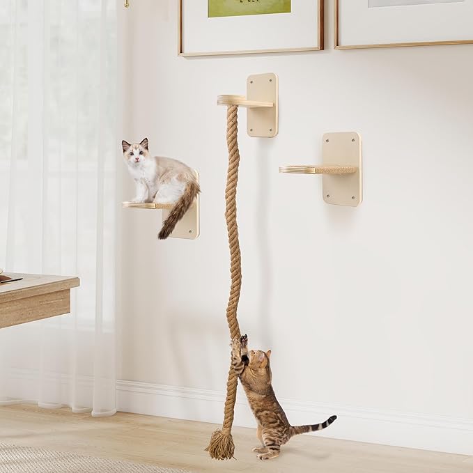 Cat Wall Shelves with 2 x 60 Inch Climbing Rope, Wall Mounted Cat Tree with Scratching Post Kitten Rope Ladder with Jumping Platform Wall Steps for Playing and Rest