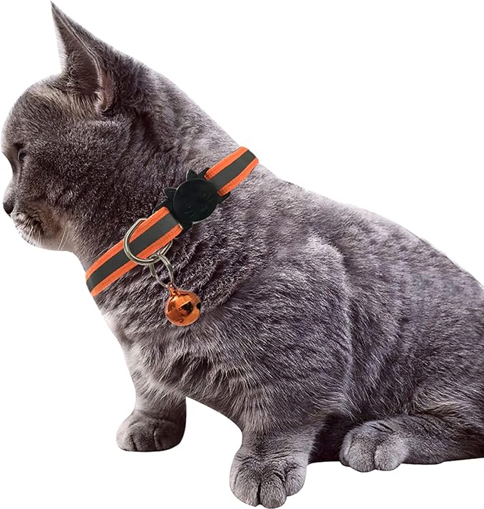 Breakaway Reflective Nylon Cat Collars with Bell (2 Black + 2 Orange)