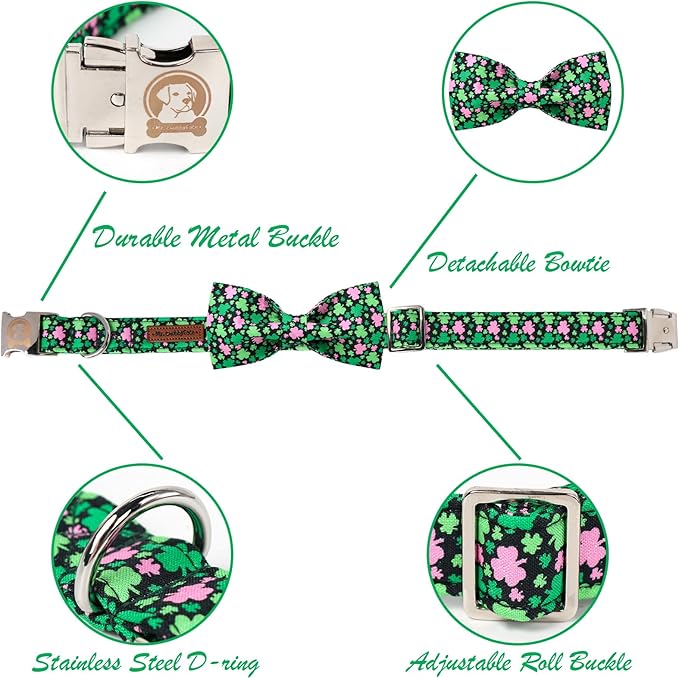 MR. CHUBBYFACE St.Patrick's Pink Green Clover Dog Collar with Bowtie, Cute Clovers Shamrock Metal Buckle Dog Collar, Adjustable Shamrock Pet Collar with for Small Medium Large Dogs