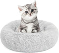 MIXJOY Calming Cat Beds for Indoor Cats, 20'' Kitten Donut Bed for Pet Up to 15lbs, Fluffy Small Cat Cuddler Bed, Anti-Anxiety Plush Faux Fur Large Cat Bed Washable (20'', Grey)