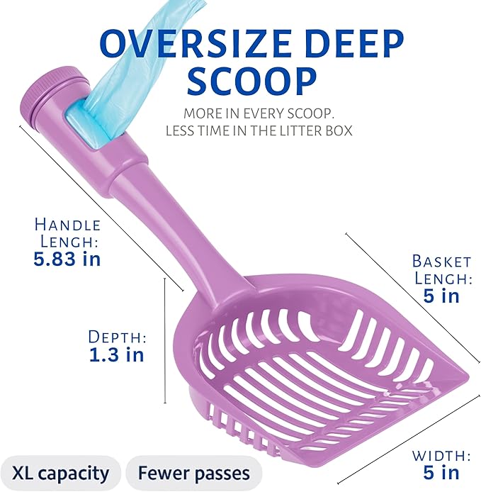 2-in-1 Pooper Scooper with Bag Attachment, Cat Litter Shovel Scoop with Bag, Built-in Dispenser, Includes Trash Roll, Rinse-Clean, Anti-Stick, Smart Sifter, Long Handle (Lilac)