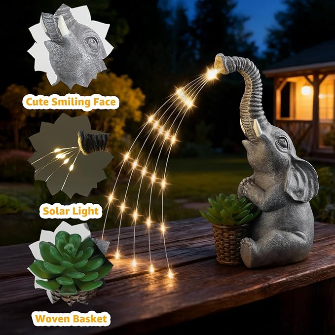 Lyeasw Solar Garden Decor Elephant Statues – Birthday Gifts for Women Mom, Water‑Resistant Watering Elephant Outdoor Decor for Patio, Yard & Porch with Auto On/Off Light, Praying Elephant Ornament