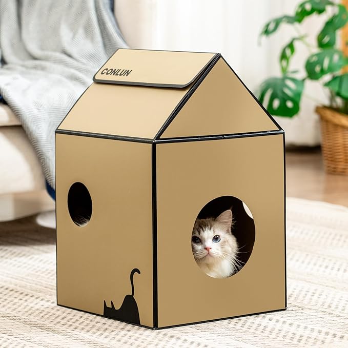 Cardboard Cat House with Scratch Pad & Catnip, Cat Play Scratching House for Indoor Hideaway Furniture, Heavy Duty Sturdy Cardboard Scratcher, Easy to Assemble Birthday Gift, Medium