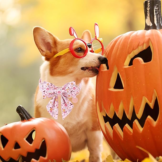Halloween Dog Collar with Flower, Pink Halloween Puppy Flower Collar with Adjustable Metal Buckle,Fancy Halloween Dog Collar Bowtie Gift for Girl Boy Dog,XL