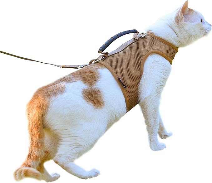 Cat Harness and Leash for Walking Escape Proof Breathable Mesh Fabric, Solid Brown, XX-Large, Adjustable Cat Walking Jackets with Handle, Padded Stylish Cat Vest