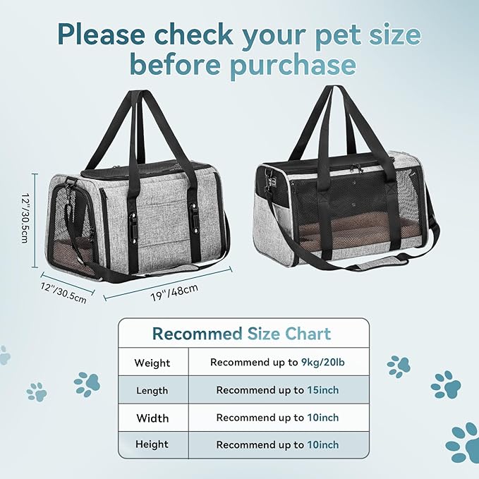 PETSFIT Large Cat Car Carrier with Patented Safety Buckles(19 x 12 x 12) – Roomy Escape-Proof for Safe Driving, Lockable Zippers & Safety Tether, Soft-Sided Travel Carrier for Road Trips & Vet Visits