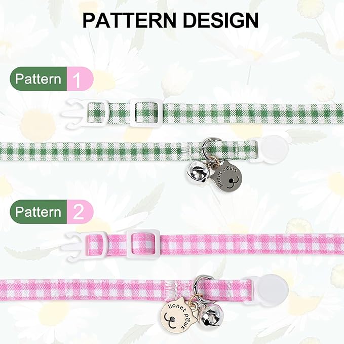 Lionet Paws 2pcs Pack Cotton Cat Collar,Breakaway Buckle with Green Pink Grid and Brand Pendant Cute Adjustable Cat Kitten Collar,Ideal for Girl Cats Boy Cats