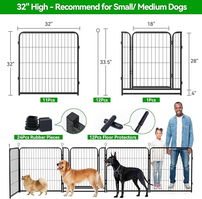 Dog Playpen Outdoor Extra Wide 12 Piece Panels Heavy Duty Dog Fence 32" Height Anti-Rust with Doors Portable for RV Camping Yard, Total 32FT, 79 Sq.ft, Snowy Black