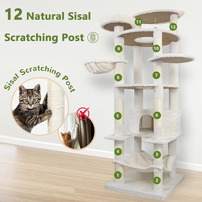 78.8" Large Cat Tree Tower for Indoor Kitties, Multi-Level Furniture Activity Center for Tall Cat Condo with Cozy Perches,Sisal Scratching Posts,Hammock and Basket