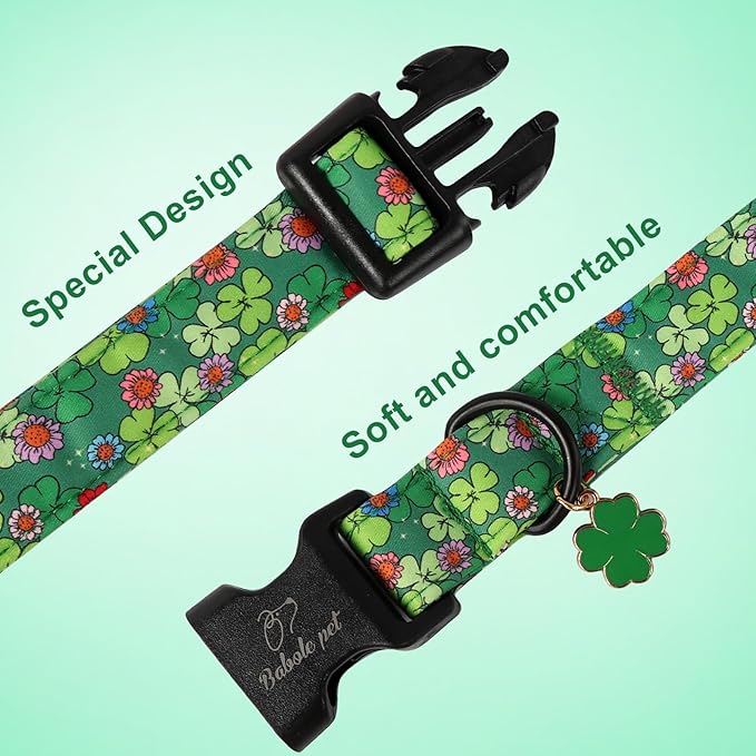 St Patricks Day Dog Collar for Medium Dogs - Lucky Flower Shamrock Green Dog Collars, Cute Irish Clover Puppy Collar with Quick Release Buckle for Girls&Boys Dogs M