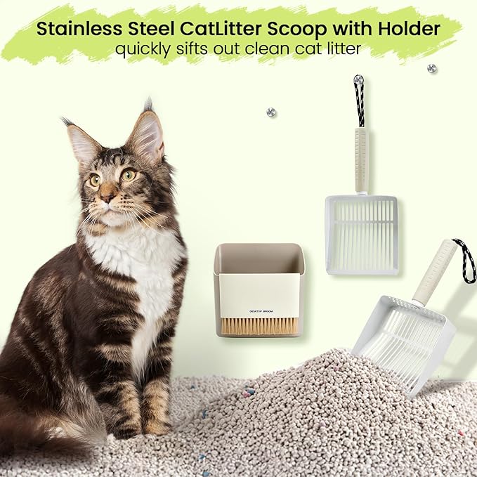 Metal Cat Litter Scooper with Holder, Stainless Steel Metal Litter Scoop Includes Portable Small Broom and Dustpan Set, Speed Sifter Cat Litter Scoop Captures All Clumps, Non-Slip Handle, Easy Clean
