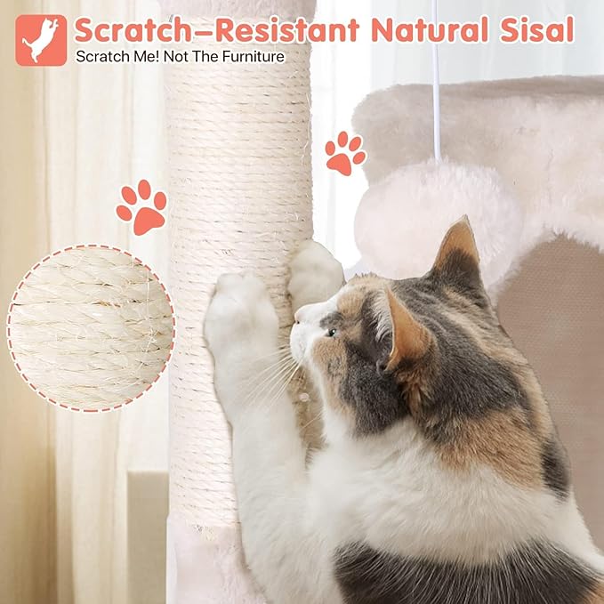 54in Cat Tree Cat Climbing Tower with Scratching Post, Cats House Perch Kitten Tree Condo Wood Playhouse, Pet Trees Tower for Indoor Cats, Beige