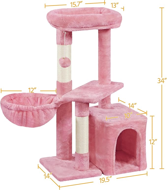 Topeakmart Cat Tree Tower for Indoor Cats, 34.5in Cute Kitten Tree Activity Center with Condo & Scratching Post, Multi-Level Pet Climbing Tower Play House w/Large Perch, Platform, Basket, Pink