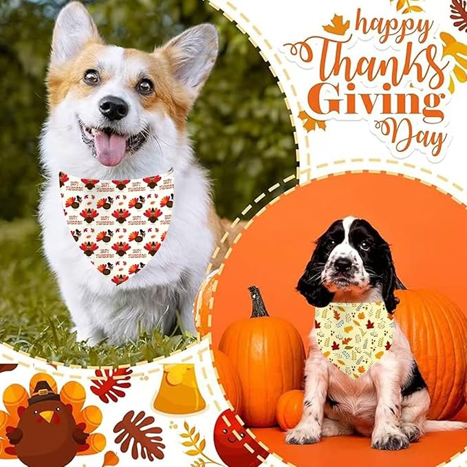 Thanksgiving Dog Bandana 2 Pack, All 4 Patterns Pumpkin Turkey Dog Scarf, Fall Autumn Leaves Pet Thanksgiving Bandanas for Medium Large Dogs, Triangle Reversible Fall Pet Scarf