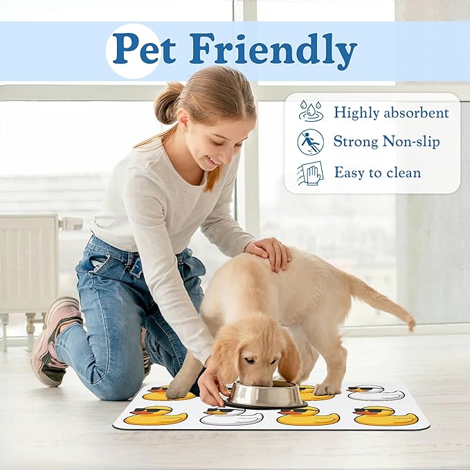 Cute Ducks Glasses Pet Feeding Mat for Floors–Christmas Stocking Absorbent Quick Dry Dog Cat Bowl Mat for Food and Water, Non Slip Waterproof Base, Mess-Free Feeding Accessories 16"x24"