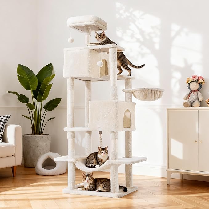 Cat Tree for Indoor Cats, 66 Inches Cat Tower with Scratching Post, Multi-Level Climbing Tree Cat House Padded Plush Perch, Cat Condo Activity Center with Pompoms, Kittens Pet Play House, Beige
