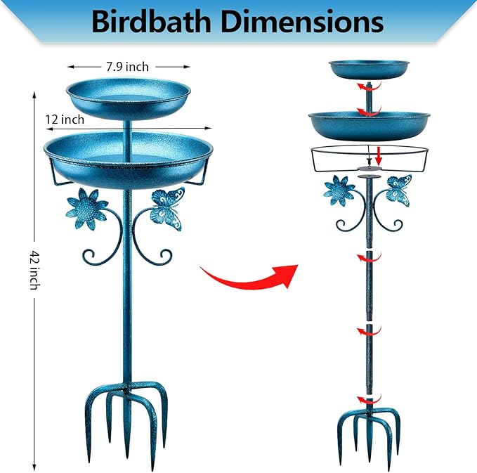 Daoeny Bird Bath for Outside, 42In Vintage Freestanding Birdbaths for Outdoors, Double Metal Bird Bath Feeder Bowls for Garden Patio Yard Lawn Decor, Upgraded 5-Pronged Base (Blue)
