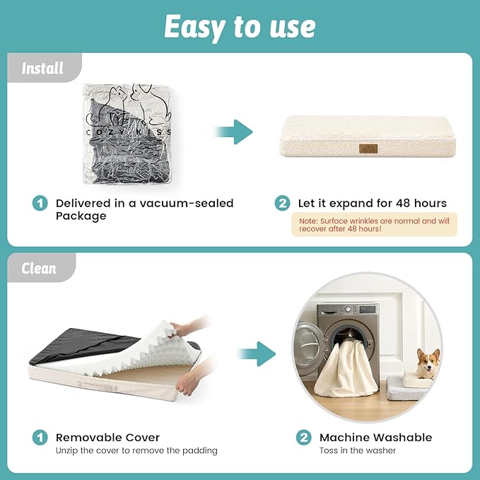 Dog Crate Bed for Small Size Dogs, Rectangular Orthopedic Cat Beds, Foam Anti-Slip Bottom Pet Mat with Washable Removable Cover, Suitable for Pet Up to 30 lbs, 24x16x3 inch, Beige