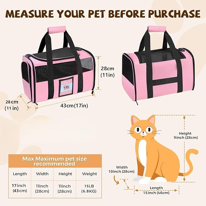 Soft Cat Carrier for Pets Up to 15 lbs, TSA Approved for Airline in-Cabin, Cat Travel Bag with Detachable Cat Food Bowl, Pet Carriers for Small Dogs, Waterproof Travel Puppy Carry, Pink