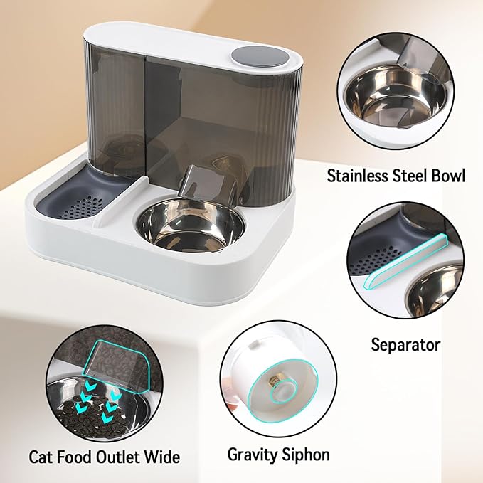 Automatic Gravity Cat Feeder with Stainless Steel Food Bowl, 2 in 1 Cat Feeder and Water Dispenser Combo Detachable Pet Water and Food Dispenser Set for Puppy Kitten Small Dog(Gray)
