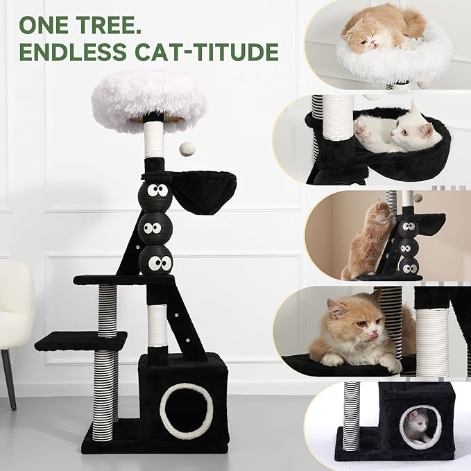 Cat Tree, 50.7in Multi-Level Cat Tower with Scratching Posts, Perch, Hammock and Hideaway condo, Indoor Cat Activity Center with Fun Cartoon Design, Black