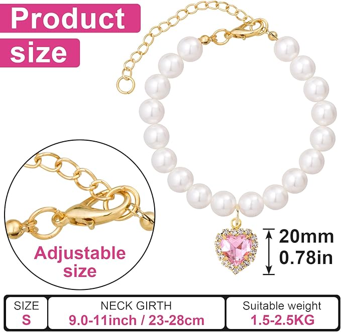2pcs Cat Dog Pearl Collar, Small Heart Shape Rhinestone Pet Necklace, Adjustable Wedding Party Pet Jewelry Accessories for Puppy Small Cats- White & Pink