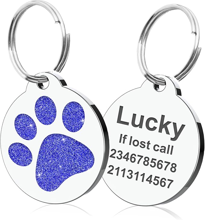Dog Tags Personalized for Pets Dog Name Tags Personalized Dog Tag Engraved with Any Name & Text Custom Dog ID Tags Glitter Bone ID Tag for Puppy Cat (Blue-Round, S)