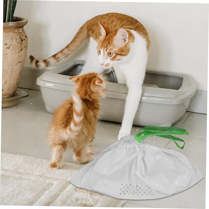 7Pcs Cat Litter Filtering Pouch Durable White Cat Litter Supplies with Automatic Closing Design for Easy Waste Pickup and Efficient Cleaning