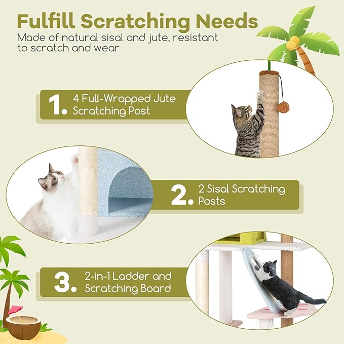 Tangkula 71 Inch Tall Cat Tree, Multi-Level Aesthetic Beach-Themed Cat Tower with Sisal & Jute Scratching Posts, 2 Cat Condos, Perch, Artificial Plant, Hanging Toys, Indoor Cat Activity Center