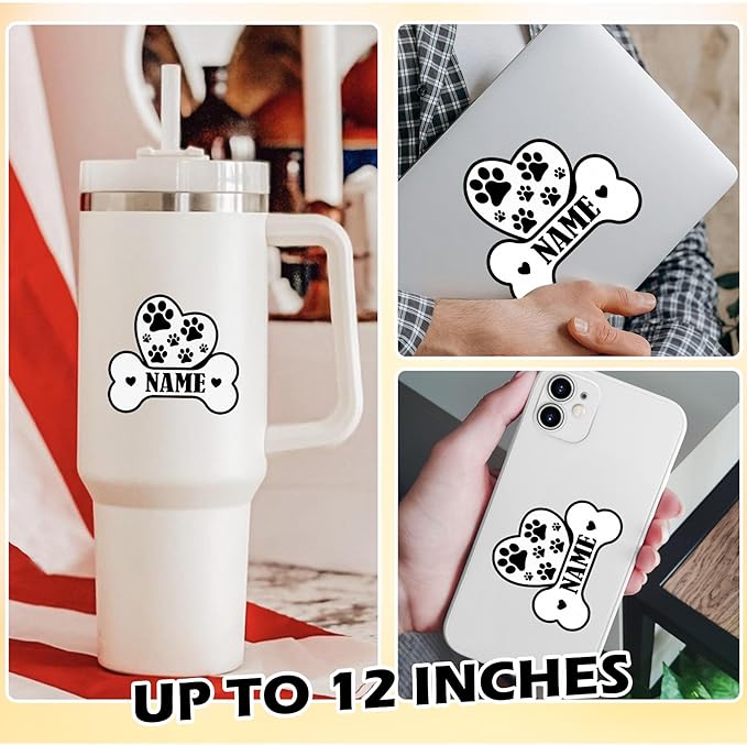 Custom Dog Paw Bone Sticker Personalized Pet Name Decal Cute Heart and Pawprint Design Waterproof Durable Vinyl for Dog Owners Laptops Cars Crates Water Bottles Pet Supplies Animal Lover Gift