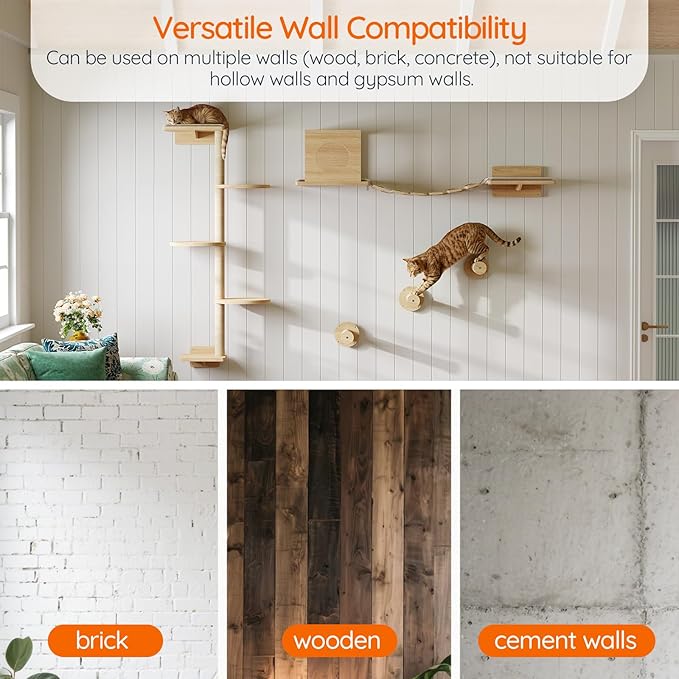 HOOBRO Wood Cat Wall Shelves for Large Cats, 11-Piece Cat Wall Furniture, Wall-Mounted Shelves with House, Hammock, Ladder, Scratching Posts and Step, Climbing Wall for Multiple Cats, Natural NL46CS03
