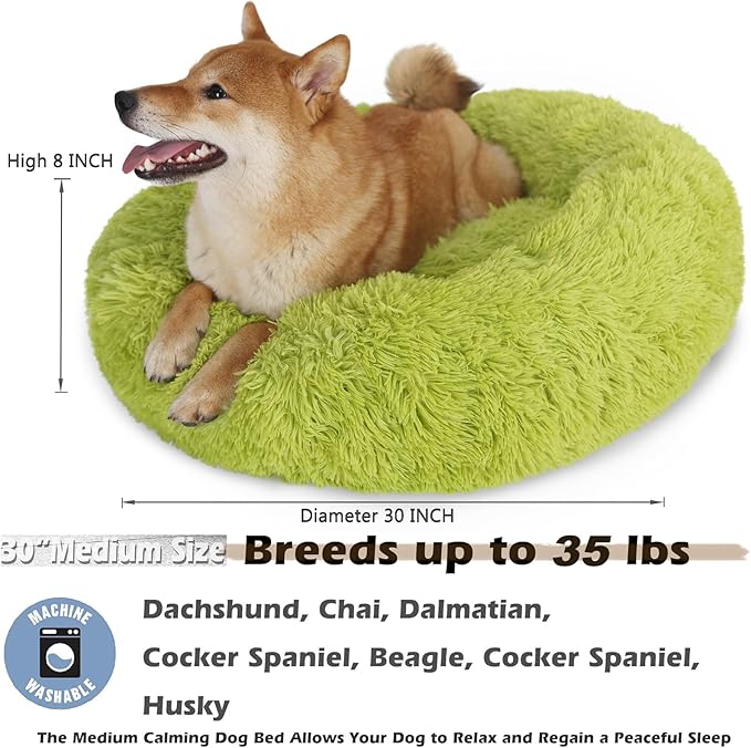 Calming Dog Bed for Medium Dogs Washable Donut 30 inches Anti-Slip Pet Bed,Round Fluffy Plush Faux Fur Cat Bed,Fits up to 45 lbs Pets,Grey