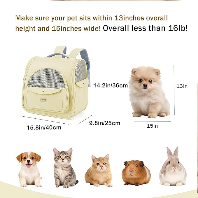 Cat Carrier Backpack,Large Space Animal Carrier Backpacks for Small Dogs Kitten and Medium Cats, Comfort & Safety,Design Reduces Pressure for Travel Outdoor and Vet Visits (Yellow)