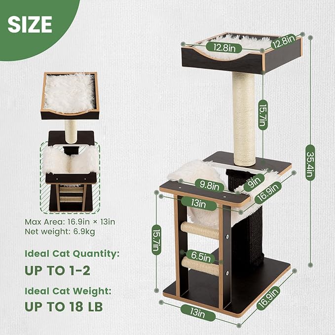 Cat Tree, 37.4-Inch Cat Tower with Plush Cozy Perch for Indoor Cats, Sturdy Tower with Fully Sisal-Wrapped Columns and Plush Toy Ball for Kitty Play, Black