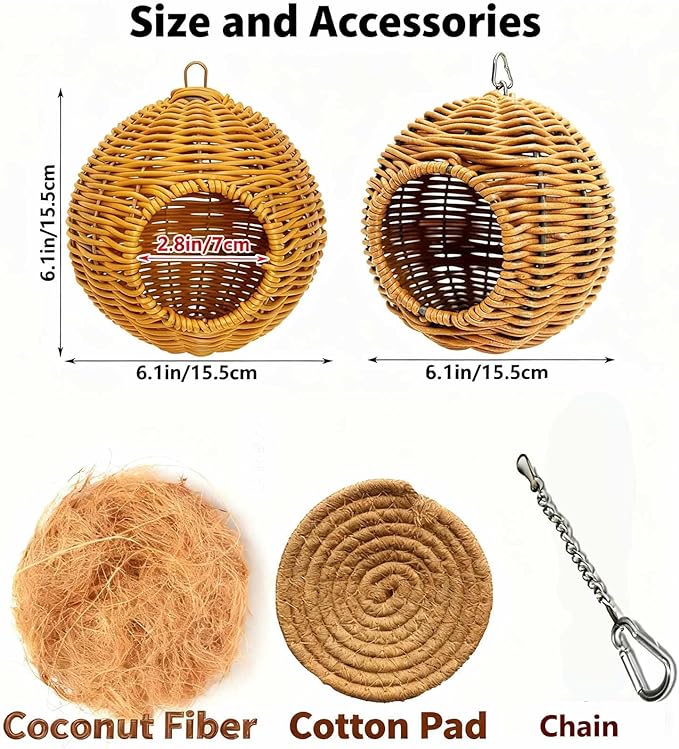 Parakeet Nest Bird Cage Accessories, Chew-Proof Steel Frame & Washable Small Bird Hanging Bed for Lovebirds, Canaries, Budgies 、Lizards, Hamsters(Brown, 6.3"x6.3"x7.5")