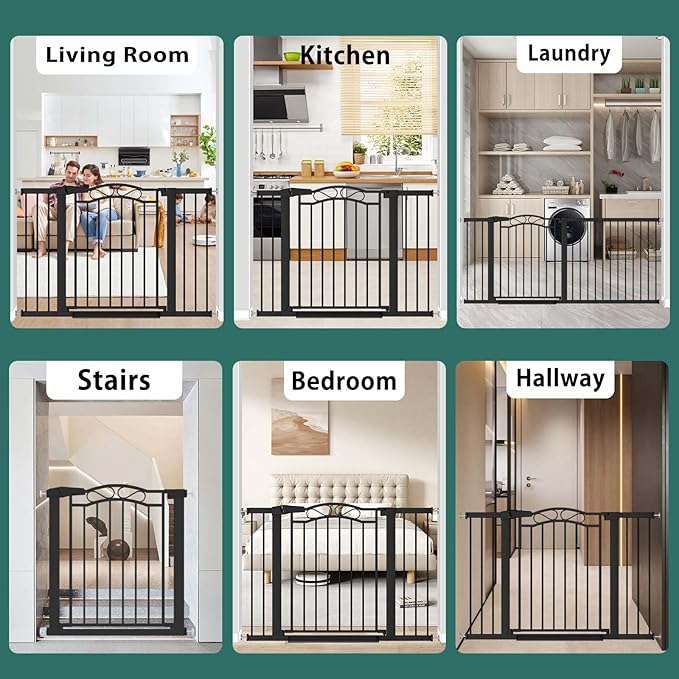Fairy Baby 62.6"-65.3" Extra Wide Baby Gate with Door, 63 64 65 Inches Walk THR Baby Gates for Stairs Pressure Mounted no Drill, Indoor Tension Metal Child Pet Dog Safety Gate for Kids, Black