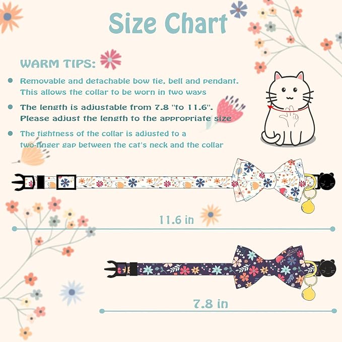 Flower Cat Collar Breakaway With Bow Tie Bell 2 Pack White & Blue Floral Pendant Cute Cat Collars Adjustable Safety Kitty Kitten Collars Soft Fancy Cat Collar for Female Girl Cats Male Boy Cats