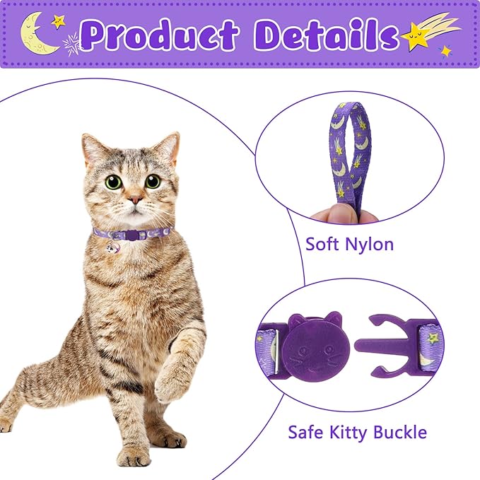 Breakaway Cat Collars with Bell & Cute Pendants, 3 Pack Safety Buckle Kitten Collars, Adjustable Pet Collar Ideal for Girl Boy Cats Puppy (Moon&Star)